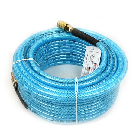 Interstate Pneumatics Light Blue Polyurethane (PU) Hose 1/4 Inch x 100 feet Kit with 1/4 Inch Brass (S) Coupler & Plug HU14-100H44BS